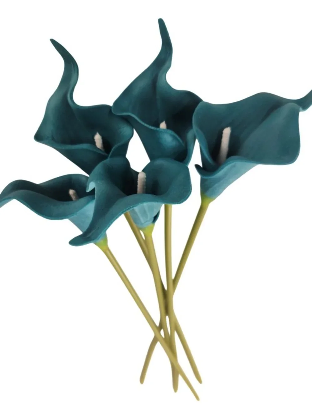 Teal Calla Lily Stems Faux Floral Bouquet Peacock Blue Flowers 5 Stem Bunch Mode